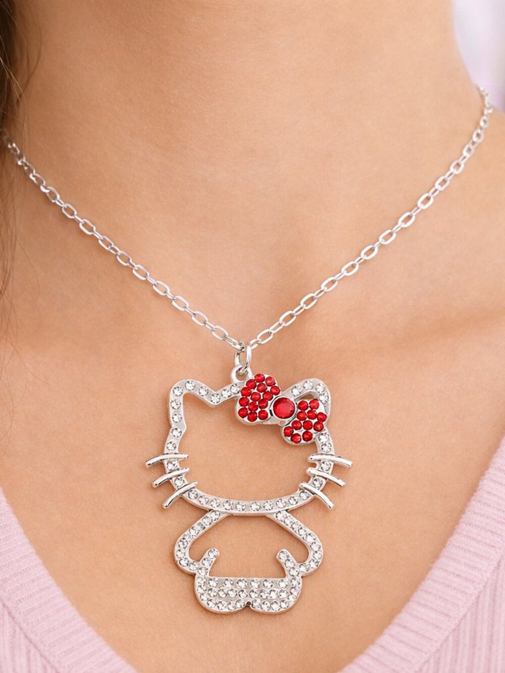 Hello Kitty Rhinestone Pendant Necklace – Sparkling Silver Charm Jewelry NWOT